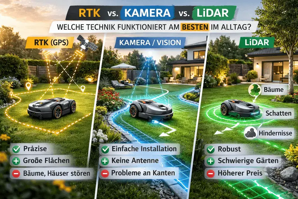 RTK vs. Kamera vs. LiDAR: Welche Mähroboter-Technik nervt im Alltag am wenigsten?