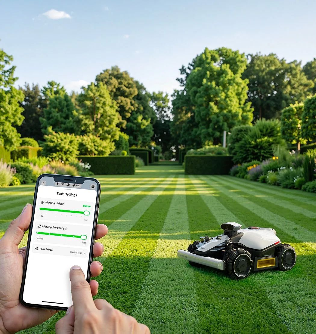 Robotická sekačka je ovládána přes aplikaci v mobilním telefonu na trávníku