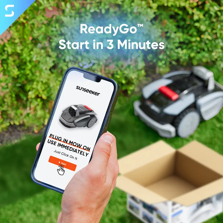 Configuration ReadyGo du Sunseeker V3 avec application et robot tondeuse dans le jardin