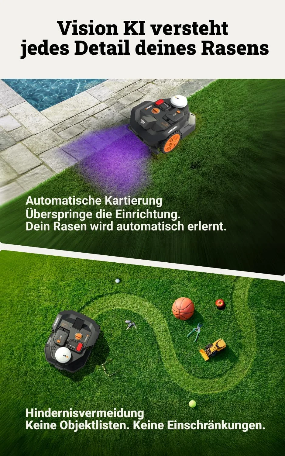 WORX Landroid Vision Cloud WR304E v bočním pohledu s kompaktní konstrukcí