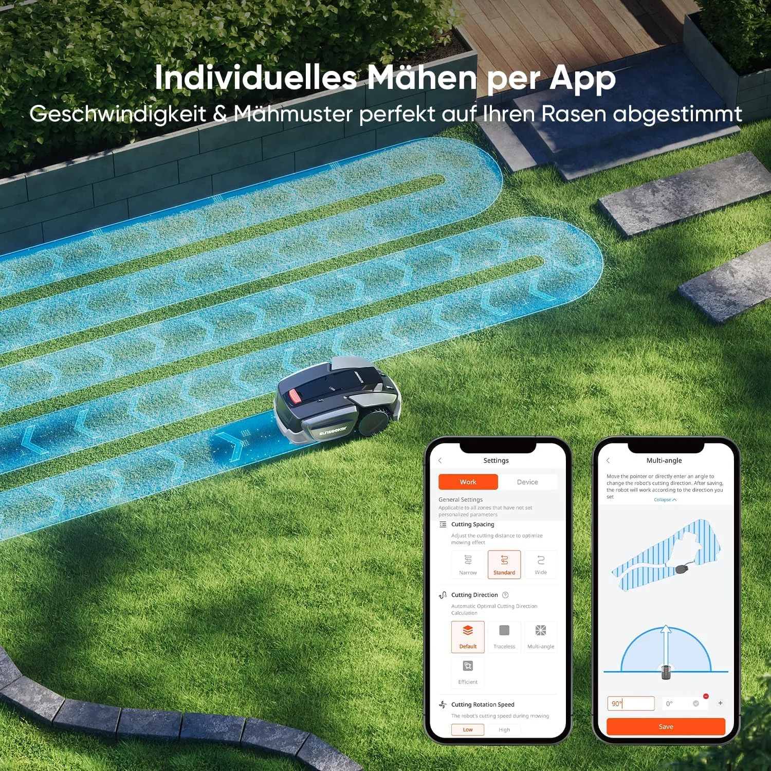 Sunseeker S5 AWD s nabíjecí stanicí a ovládáním přes aplikaci v oficiálním obrázku produktu