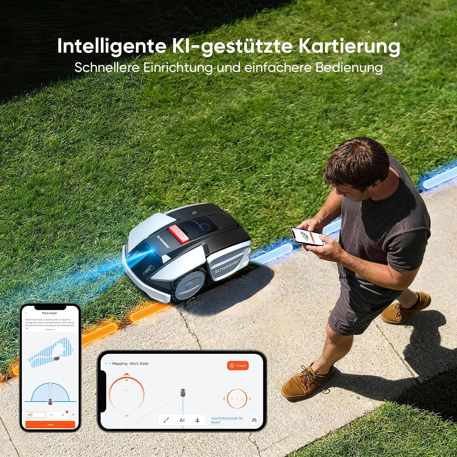 Sunseeker S3 při sečení na trávníku s jasnými okraji