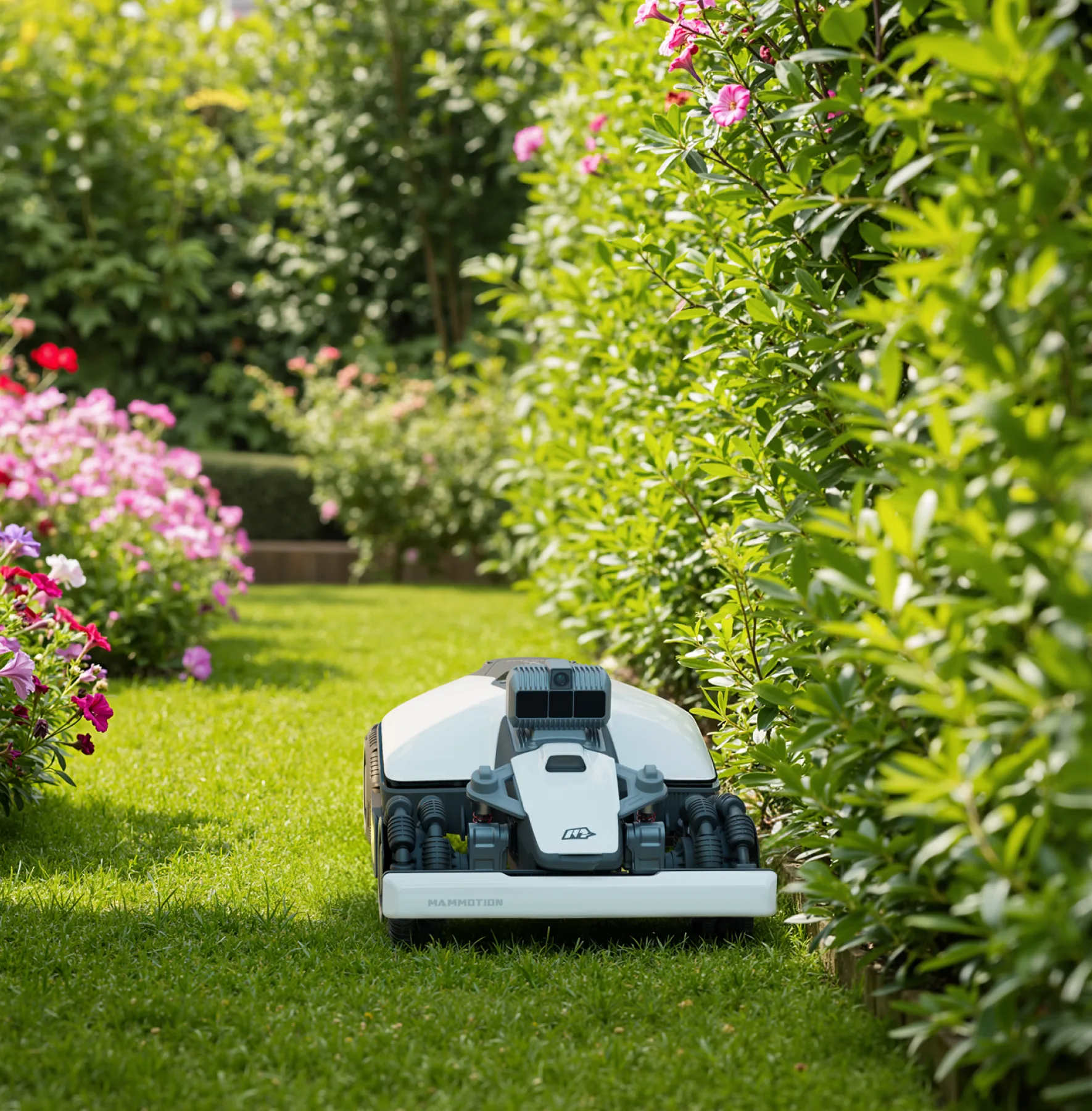 Mammotion LUBA Mini AWD LiDAR beim Mähen nahe an der Rasenkante