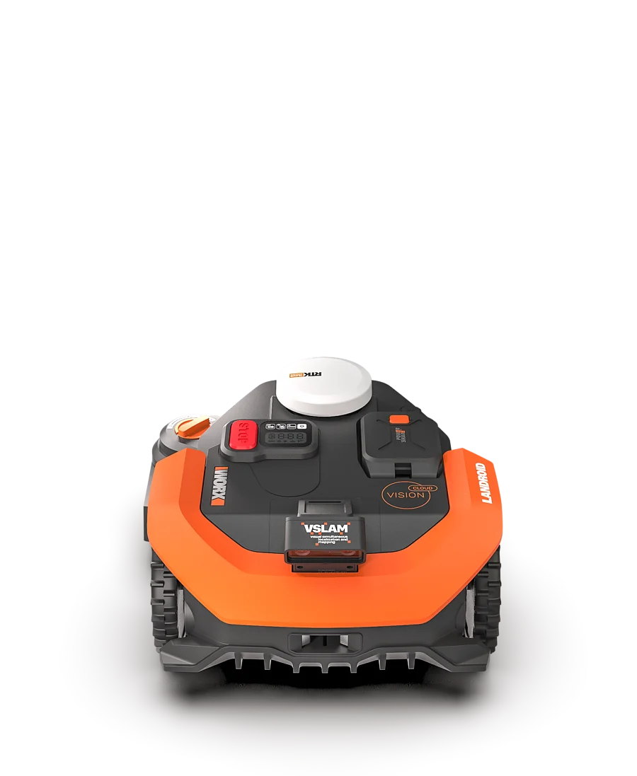 WORX Landroid Vision Cloud WR312E pohled zepředu s Vision kamerou a RTK modulem