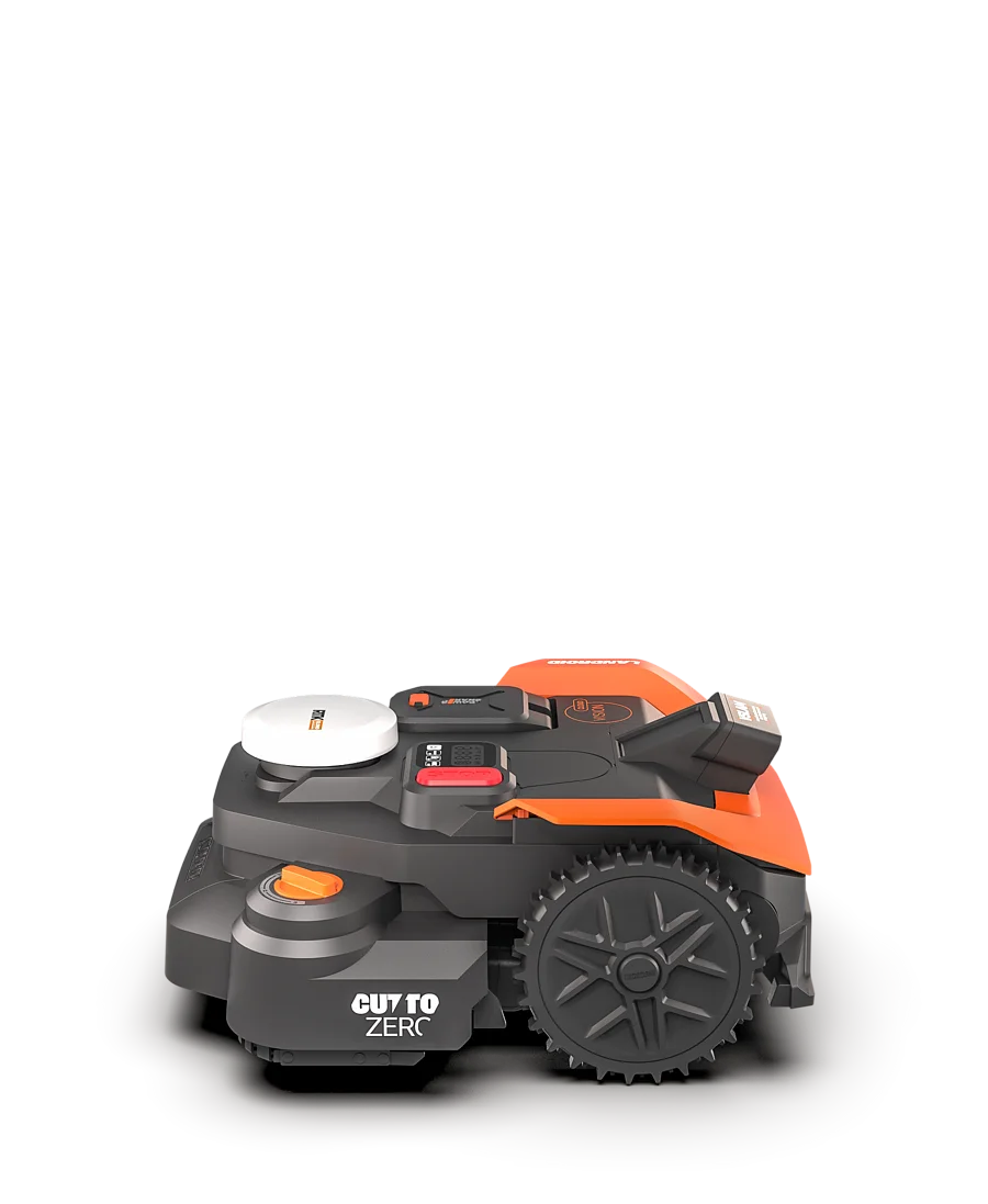 WORX Landroid Vision Cloud WR312E v profilovém pohledu s RTK-Cloud a Vision technikou