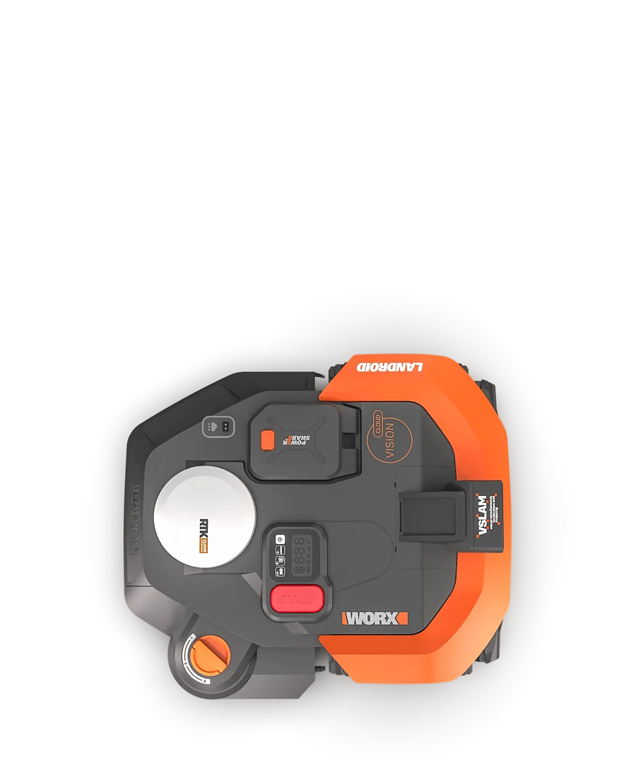 WORX Landroid Vision Cloud WR312E z pohledu shora s PowerShare baterií a ovládacími prvky
