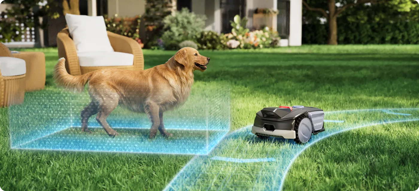 Sunseeker V1 genkender en hund som hindring i haven