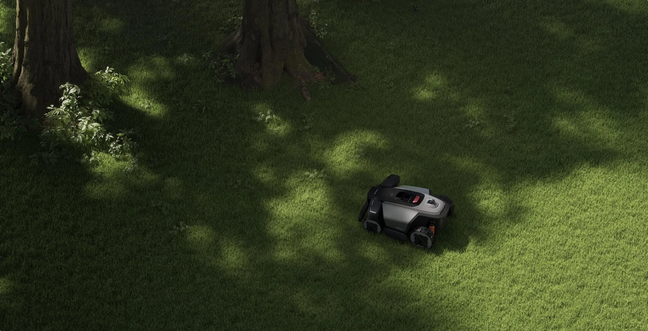 Robot tagliaerba su prato in giardino: navigazione e taglio in ambienti realistici